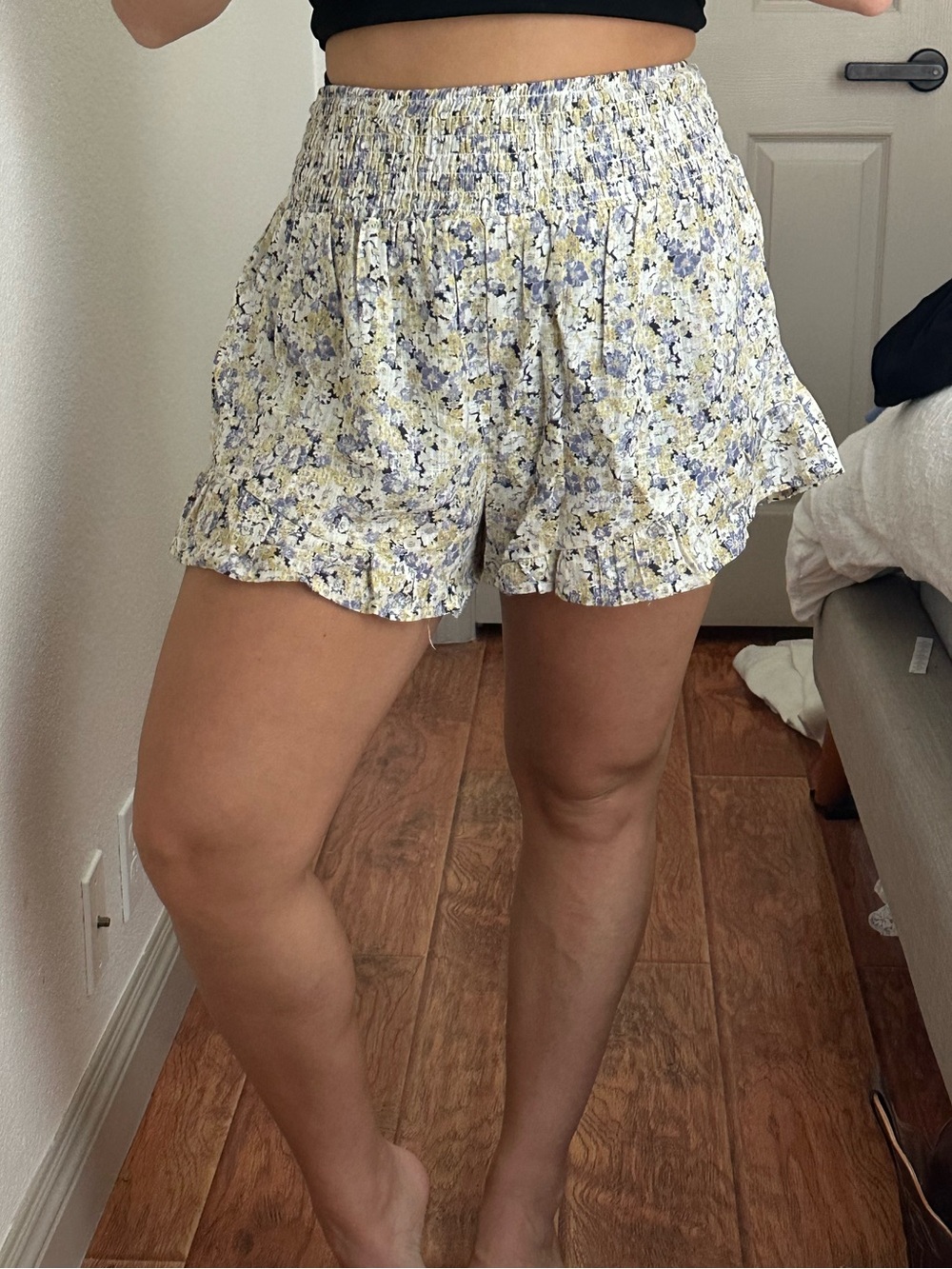 wild fable Floral Smocked High-Waist Ruffle Shorts - Yellow & Blue